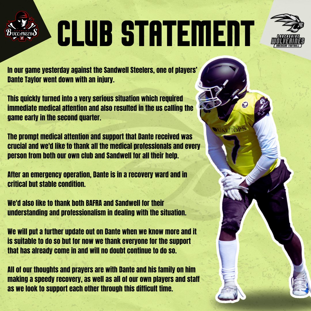 A club statement on our player.

Can't thank <a href="/CoachAstley/">Sam Astley</a> <a href="/coachDbutler/">David Butler</a> <a href="/CoachMalbon/">Ben Malbon</a> and all the <a href="/SandwellSteeler/">Sandwell Steelers</a> enough for their help and support yesterday and since.

Also to <a href="/BAFRAOfficial/">BAFRA Official</a> crew for their professionalism and compassion at the time.

<a href="/BAFAOfficial/">British American Football</a>