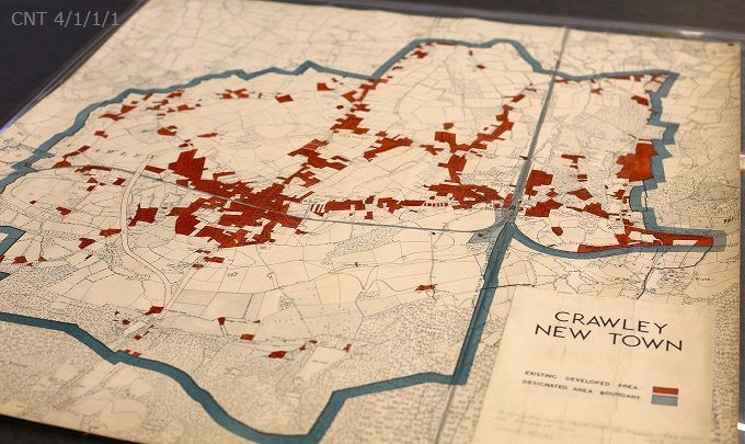 #MapMonday This is one of the earliest maps we hold in the Crawley New Town archive. Made in 1947, it shows the intended designated area of the New Town in blue, along with existing developments in red. The expansion that the town underwent in a few short years was remarkable 🛠️