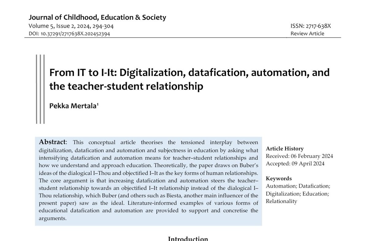 Pekka Mertala (@pekkamertala@mas.to) (@mertalapekka) on Twitter photo Check out my new #openacces paper (published in <a href="/journal_CES/">J Childhood, Education & Society</a>) theorizing the datafication of education and teacher-student relationships.
j-ces.com/index.php/jces… Check out my new #openacces paper (published in <a href="/journal_CES/">J Childhood, Education & Society</a>) theorizing the datafication of education and teacher-student relationships.
j-ces.com/index.php/jces…