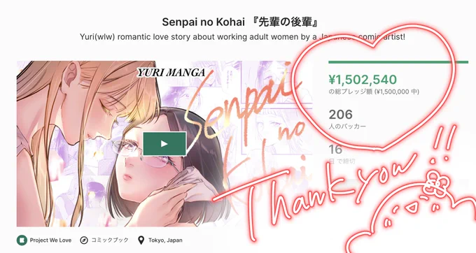 📣おしらせ! この度『先輩の後輩』クラファンプロジェクトが、目標額を達成いたしました🎉🎊 みなさまの応援・ご支援のおかげです😭本当にありがとうございます!🇯🇵Muhas Gracias!!🇪🇸Thank you very much!!!🇺🇸 残り16日まで引き続きよろしくお願いいたします🙇‍♀️ 🔻クラファン詳細はこちら 
