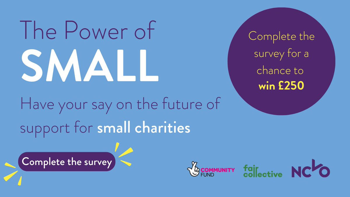 📢 Are you working or volunteering at a small voluntary organisation?

Complete the #PowerOfSmall survey by 17 July and have your say on the future of support for small charities: forms.office.com/Pages/Response…