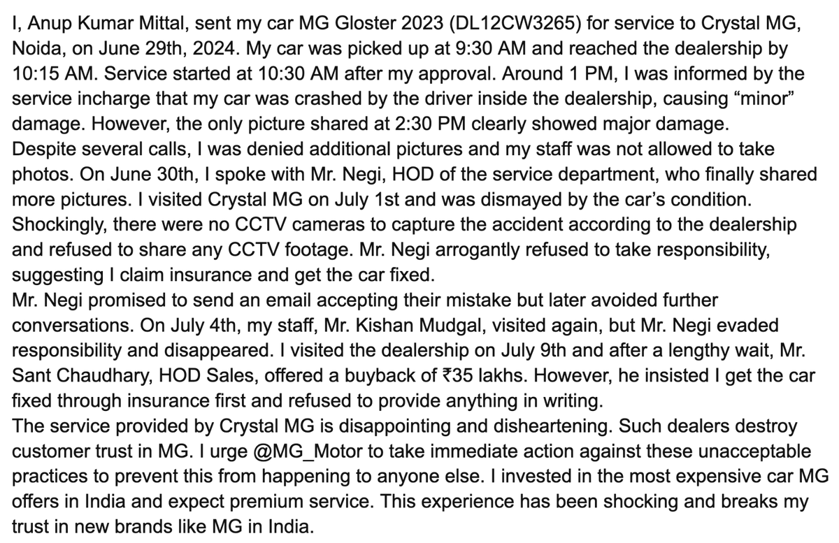 MittalAnupKumar's tweet photo. #MGMotorsIndia #CrystalMGNoida #Accident #CarDealsherip #Poorservice #CustomerServiceFail #Transportauthority #India #DelhiNCR  @MGMotorIn https://t.co/cu8WfSMdxt