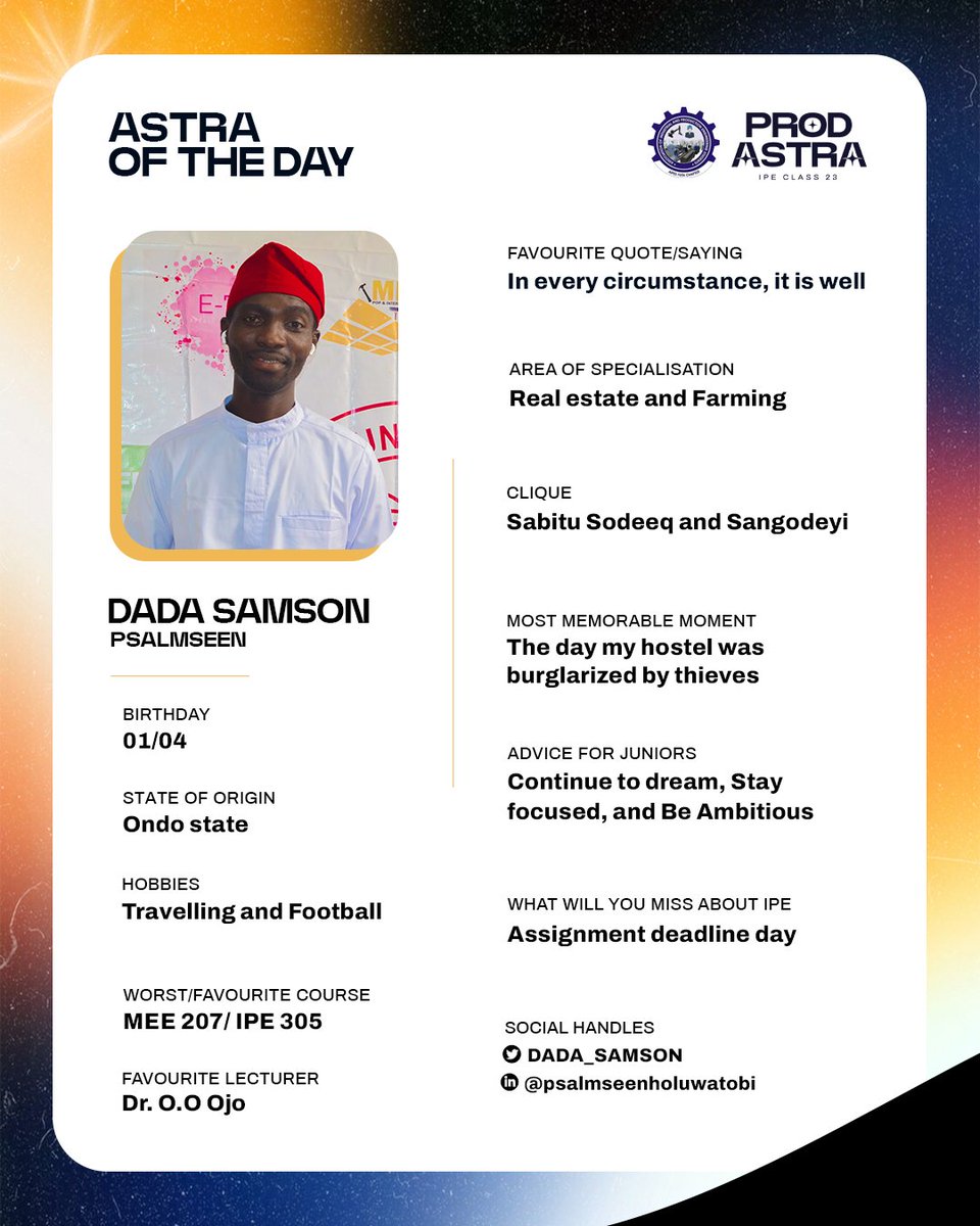 IPEClass23's tweet photo. Meet Samson, ASTRA of the day 🌟 

Samson (a.k.a. PSALMSEEN)is known for his supportive presence in the department. He is always ready to show up and ensure there is peace around him. Samson enjoys traveling and playing football.

Thanks for all you do for IPE class 23🥂🌟 https://t.co/dotDB6HWWV