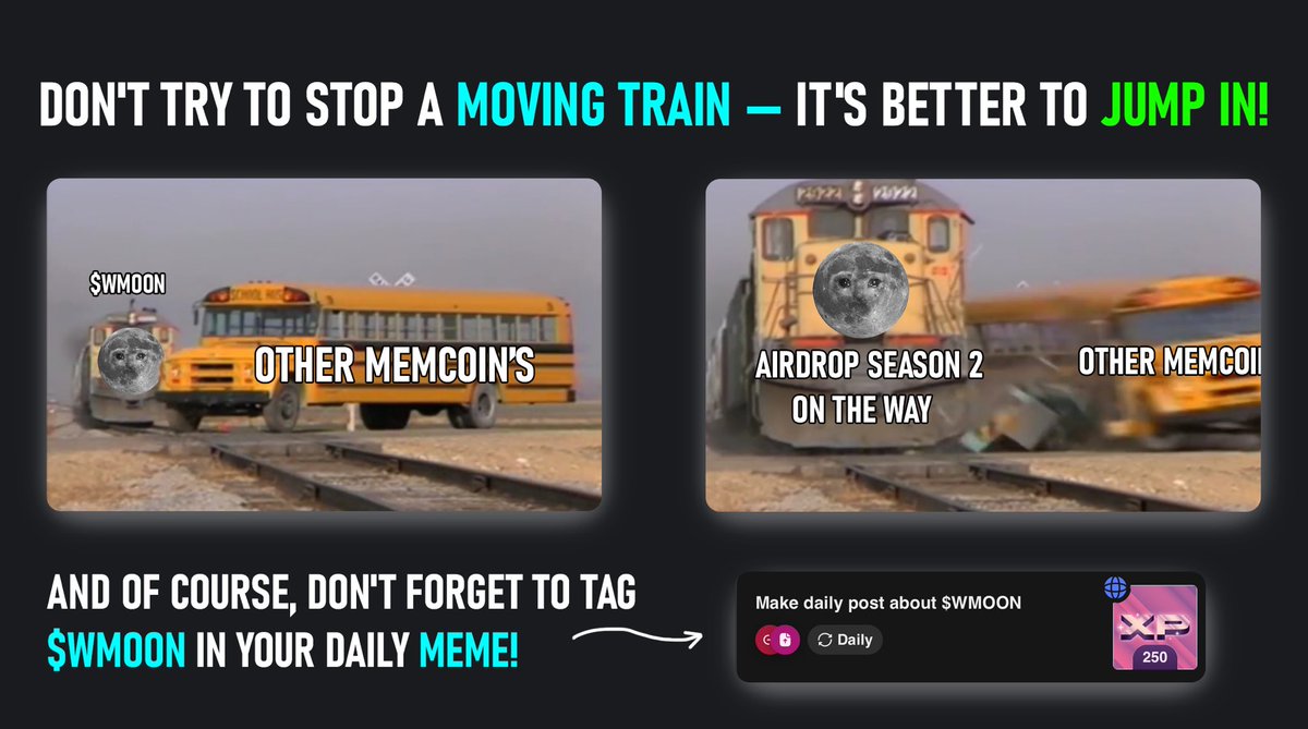 Wmooner's, don't forget about the daily airdrop assignments at Zealy! 
We wait for your memes and repost the best 🌚

zealy.io/c/wenmoon

$WMOON