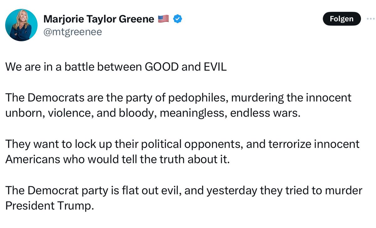 Marjorie Taylor Greene ist eine der bekanntesten Kongress-Abgeordenten der Republikanischen Partei und eine der engagiertesten Anhängerinnen von Donald Trump. 
„Abrüstung der Worte“ ist nicht so ihr Thema.