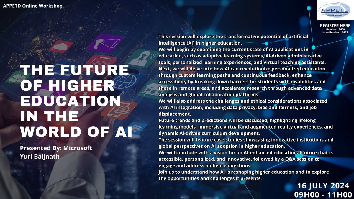 appetd's tweet photo. REGISTER HERE: https://t.co/aY4WHEHq7F
Event Details:
Topic: The Future of Higher Education in the World of AI
Speaker: Yuri Baijnath - Microsoft
Date: 16 July 2024
Time: 09h00 – 11h00
Location: Virtual – Teams Workshop
#learning #workshop #AI #appetd https://t.co/nhiguMPiNU