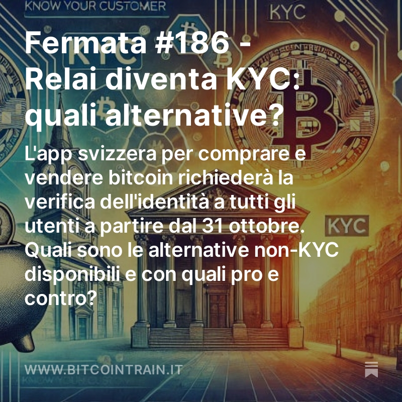 Ormai lo sapete: <a href="/relai_app/">Relai 🇨🇭</a> è stata costretta dalle leggi svizzere ad annunciare che il 31 ottobre introdurrà l'obbligo di verifica dell'identità per tutti i suoi clienti, anche coloro che utilizzano il servizio sotto la soglia dei € 950 giornalieri.

Ma non tutto è perduto: le