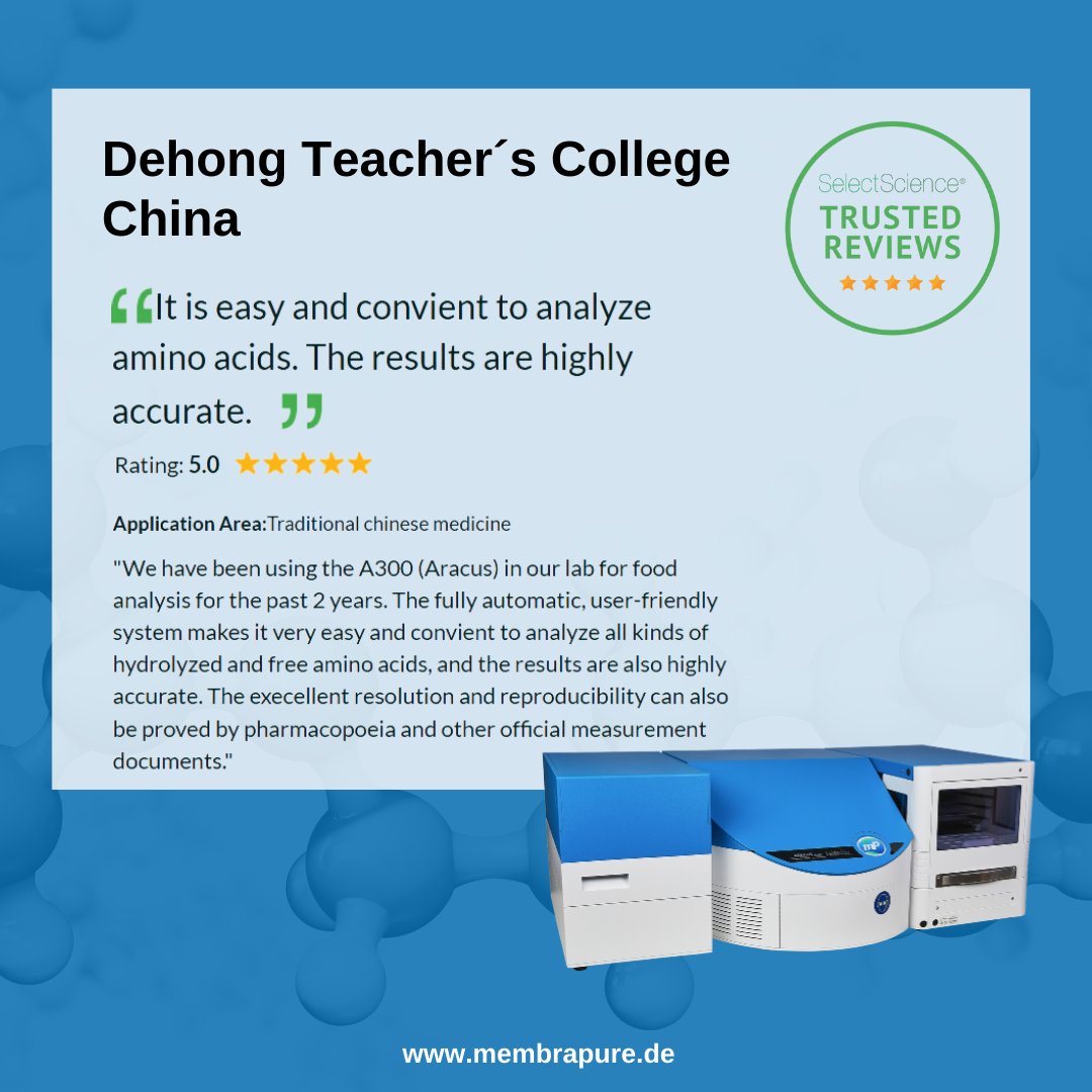 membra_pure's tweet image. 🌟 Happy Monday, Happy Review Monday! 🌟

📖 Today, we have again a customer review of our #aminoacidanalyzer #ARACUS ✨
🤞 Stay reviewed! 🎉

Feel free to write your own review 💬

#SelectScience #review #aminoacidanalyzer #ARACUS #madeingermany #membrapure @SelectScience