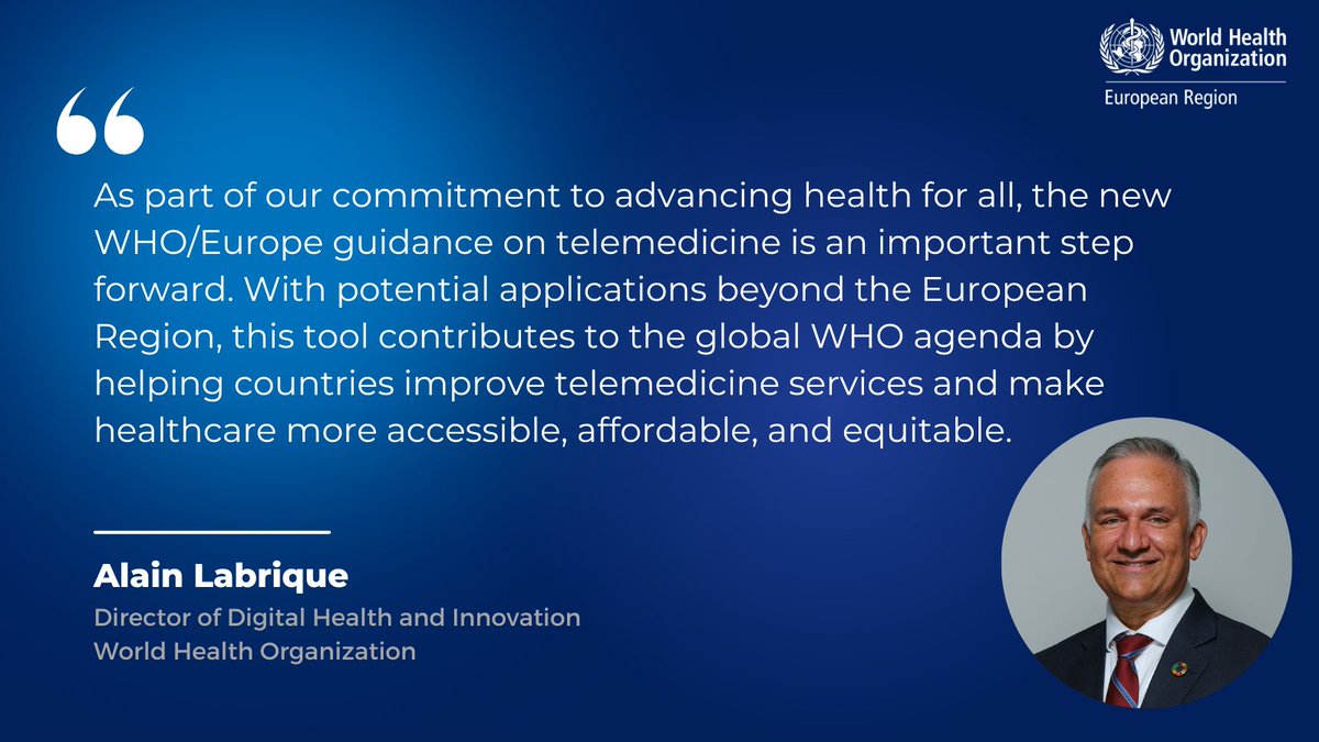 <a href="/WHO_Europe/">WHO/Europe</a>'s new guidance to strengthen #telemedicine complements <a href="/WHO/">World Health Organization (WHO)</a>'s science and implementation of telehealth, supporting countries in harnessing the innovative potential of #DigitalHealth worldwide. Learn more:  <a href="/alabriqu/">Alain Labrique</a> <a href="/davidnovillo/">David Novillo Ortiz</a> <a href="/JeremyFarrar/">Jeremy Farrar</a> who.int/europe/news/it…