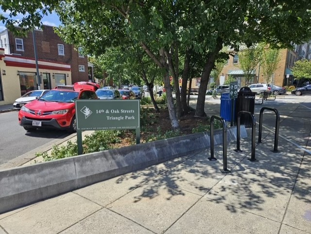 DCDPR's tweet photo. NEW PARK- 14th and Oak Streets Triangle Park is NOW OPEN - With the community's input and @DCDGS, we renovated this 'hard' pavement triangle by softening it with tree plantings and new benches and paving.  Pull up and have a moment with this new space. 
📍3480 14th Street NW https://t.co/oG2BzKpkNV
