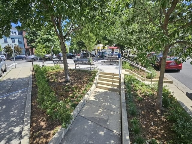 DCDPR's tweet photo. NEW PARK- 14th and Oak Streets Triangle Park is NOW OPEN - With the community's input and @DCDGS, we renovated this 'hard' pavement triangle by softening it with tree plantings and new benches and paving.  Pull up and have a moment with this new space. 
📍3480 14th Street NW https://t.co/oG2BzKpkNV