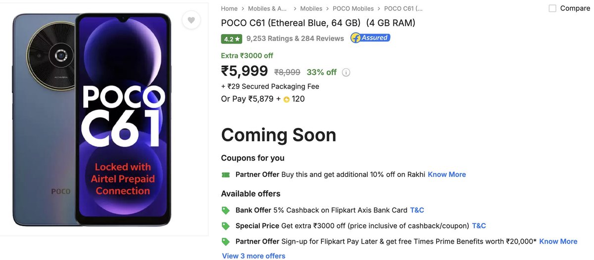 stufflistings's tweet image. POCO C61 Airtel Exclusive launched in India for ₹5,999 #POCO #POCOC61 #Airtel