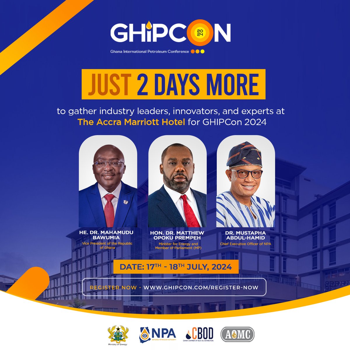 Ghipconofficial's tweet photo. We can't wait! In just 2 days, industry leaders, innovators, and experts will gather at The Accra Marriott Hotel for GhIPCon 2024.

Haven't registered yet? It's not too late!
Register Here: https://t.co/gaSAVDXOEE

#GhipCon2024 #NPA #PetroleumIndustry #CBOD #AOMC https://t.co/PtRhKa3O3V