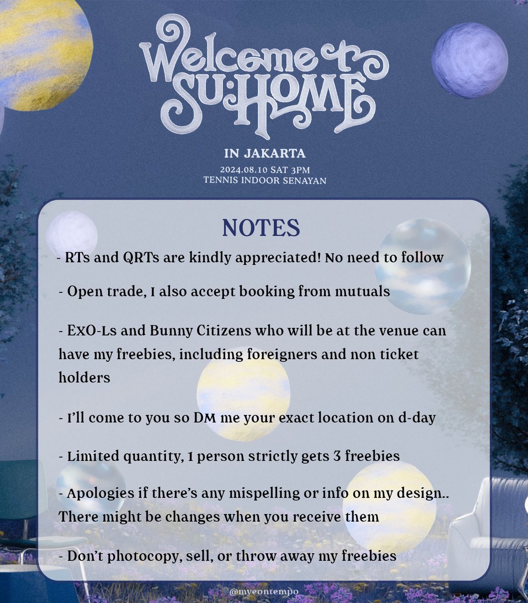 myeontempo's tweet photo. FREEBIES/FAN SUPPORT WELCOME TO SU:HOME JAKARTA

📍 Tennis Indoor Senayan
🗓 Aug 10 2024 📝
more details check this below, i'll update everything in the thread ⬇️ 

#suhomeinjkt #suhomeinjakarta #suhoinjkt giveaway suhome suho fansupport junmyeon kjm jkt 수호 김준면 https://t.co/uNVNvxExfa