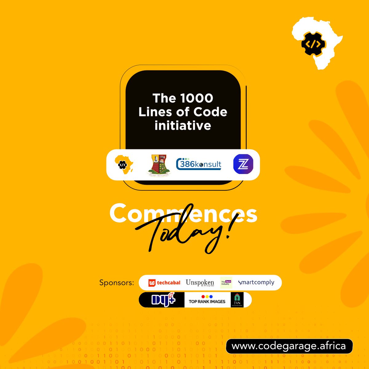 CodegarageA's tweet image. 1000 Lines of Code Commences Today! 
We are thrilled to announce the commencement of the #1000LinesofCode event today! 

A big thank you to our amazing partners:
@oyostategovt
@386konsult 
@zeeh_africa 

Stay tuned for updates and highlights as we kickstart!

#CodeGarageAfrica