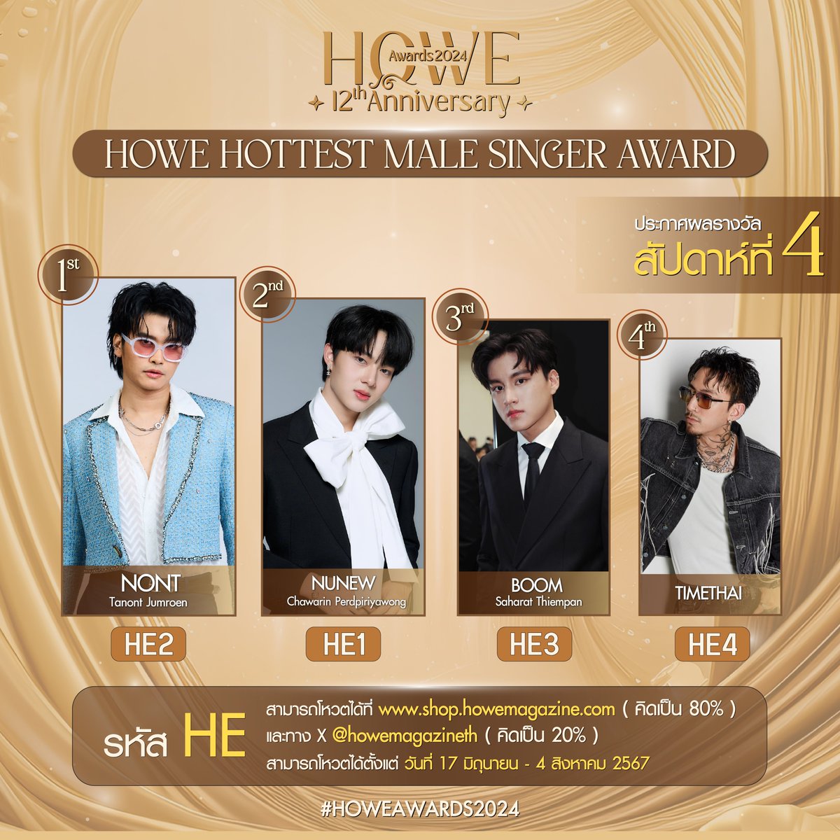 howemagazine_th's tweet photo. 💎ประกาศผลโหวตรอบสัปดาห์ ครั้งที่ 4💎
รางวัล   HE : HOWE HOTTEST MALE SINGER AWARD 2024

โหวตผ่านเว็บไซต์ได้ที่  : https://t.co/sUTk49GWUi
หรือ โหวตผ่านโพลล์ผ่านทาง X @howemagazineth
#HOWEAWARDS2024 https://t.co/pjiGZGQ9Zs