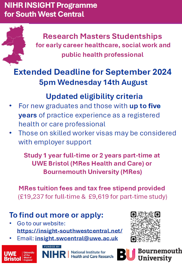 ResearchDHC's tweet photo. NIHR INSIGHT Programme for South West Central

Research Masters Studentships for early career healthcare, social work and public health professional

Extended Deadline for September 2024, 5pm Wednesday 14th August - please see below!

@DorsetHealth  @NHSDorset https://t.co/2s6ZUjmr5r