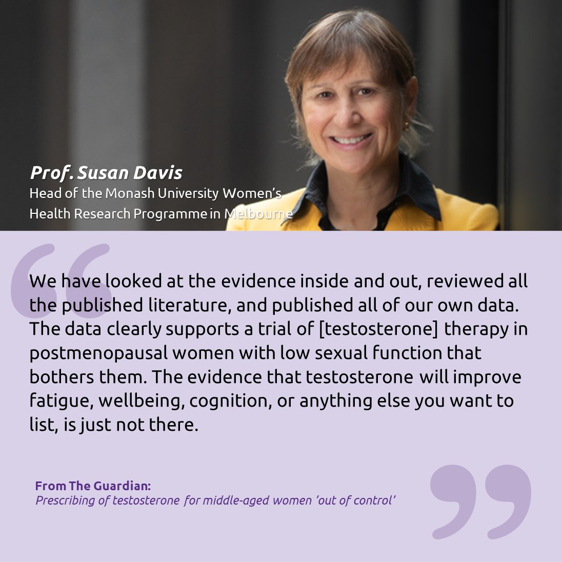 #menopausenews
Prof Susan Davis, head of Monash University's Women's Health Research Programme and past president of the International Menopause Society, disputes claims that testosterone will improve fatigue, wellbeing and cognition.
theguardian.com/society/articl…