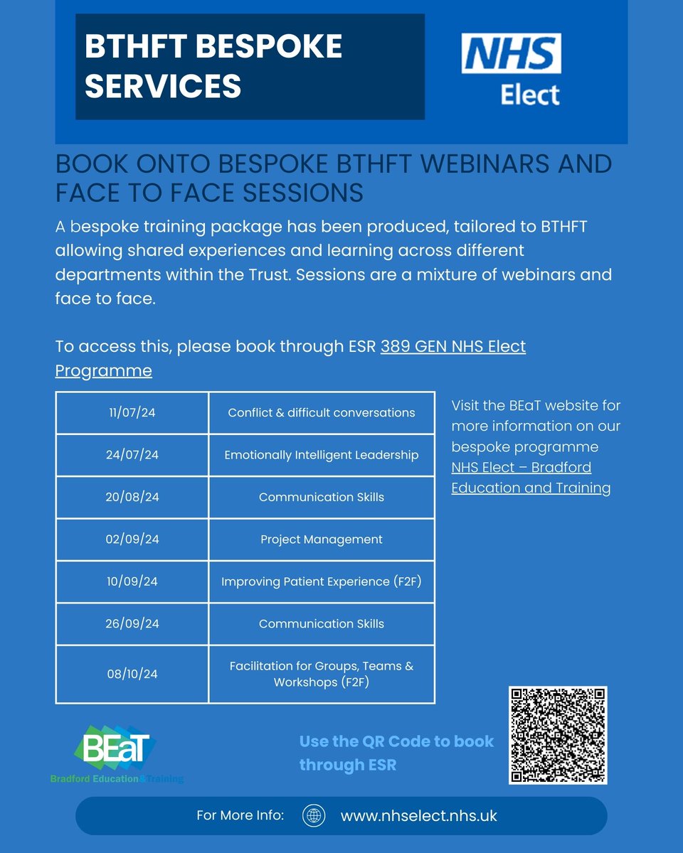 The next NHS Elect bespoke session on Emotionally Intelligent Leadership is taking place on the 24th July, 13:30-16:30 via MS Teams.

This is a great session for all staff interested in change, culture &amp; team building

Book your place through the NHS Elect offering on ESR!