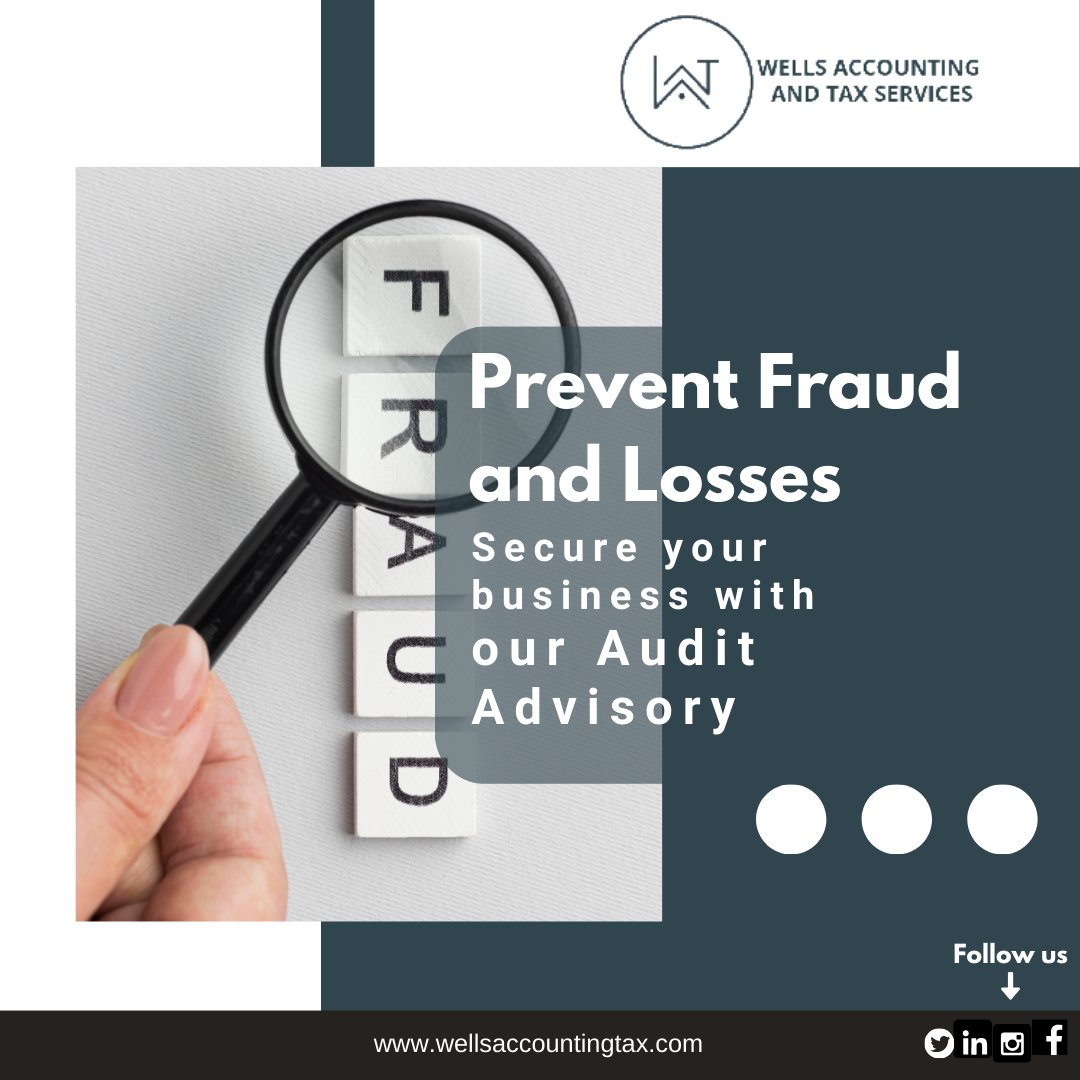 WellsAccountax's tweet photo. Prevent fraud & losses—secure your business with our audit advisory.
Is your business at risk of fraud or discovering too late that your financial statements have been modified?
At Wells Accounting & Tax Services, we specialize in detecting & preventing fraud.
#AuditAdvisory https://t.co/Mlne8MxTcD