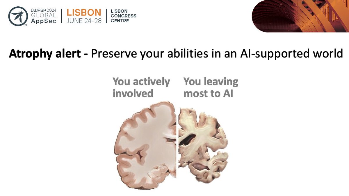 While you use AI, stay actively involved by applying your skills, if you don't want to lose them. 

:one of the key messages in my keynote at the <a href="/owasp/">OWASP® Foundation</a> Lisbon Application Security Conference.

softwareimprovementgroup.com/wp-content/upl…

<a href="/sig_eu/">SIG</a>  #ai #responsibleai