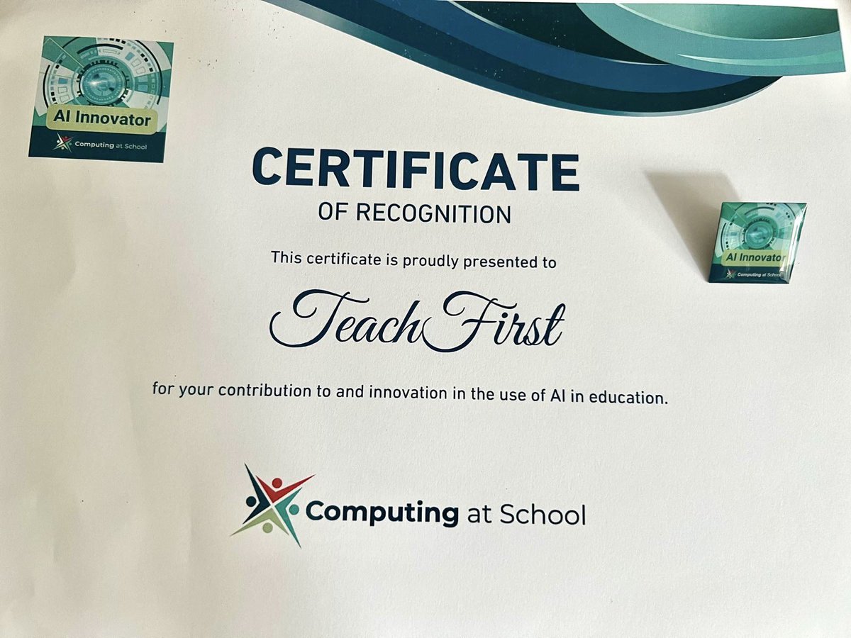 My <a href="/CompAtSch/">Computing at School</a> #casconf24 highlights:  6. <a href="/TeachFirst/">Teach First</a> being recognised for our contribution and innovation to the use of AI in education. The badge will be added to the lanyard!