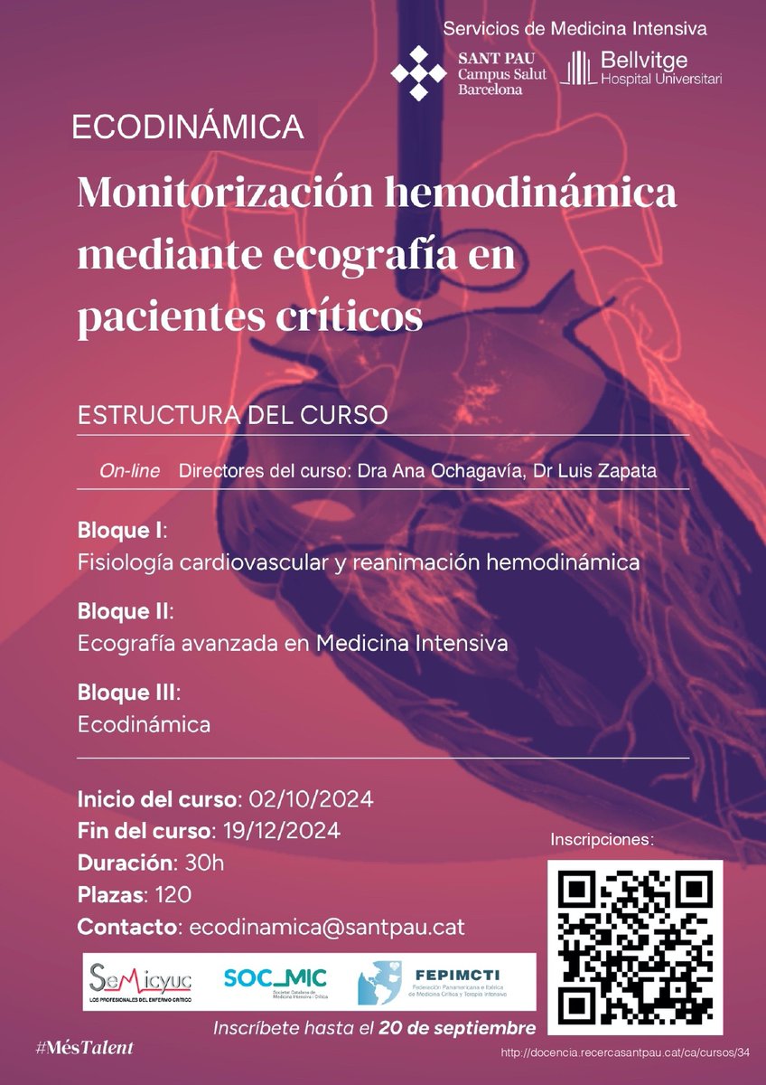 Fepimcti's tweet photo. 📌 I Curso Online Ecodinámica - Monitorización hemodinámica mediante ecografía en el paciente crítico.
📆 120 plazas y 30 h. lectivas. Del 2/oct al 19/dic. Inscripciones hasta el 20 de septiembre. 
Con aval científico de la FEPIMCTI.
👉 Más info: https://t.co/3lZ2tZ9niF
#cursos https://t.co/V99iZuafCi