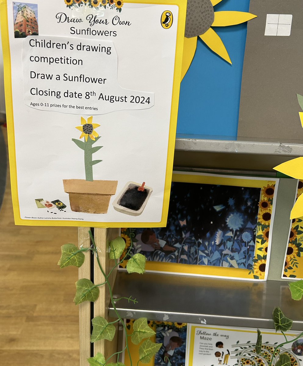 BlackheathLib's tweet photo. We have a new display @BlackheathLib @GreenwichLibs @Royal_Greenwich @Better_UK celebrating #flowerBlock @PuffinBooks by #LanishaButterfield illustrated #HoangGiang also draw your own sunflower & you could win a prize https://t.co/BcQExiAQlI