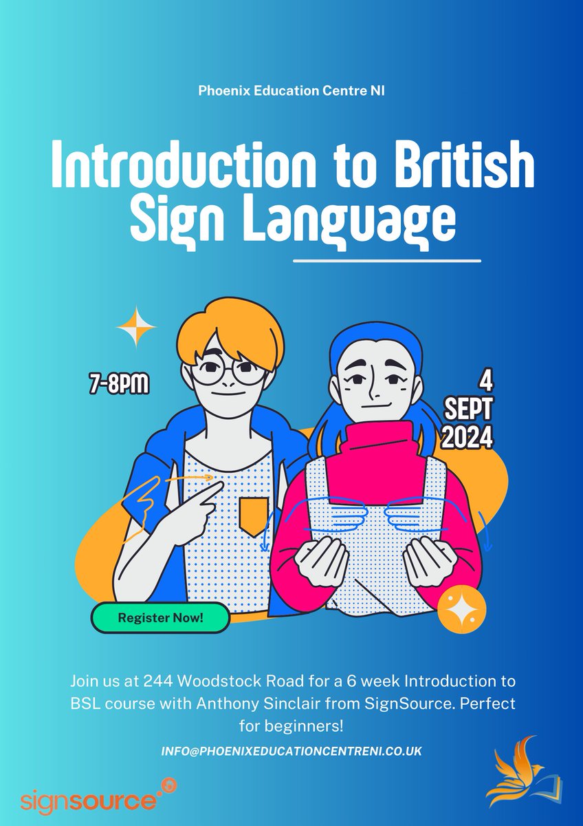 Delighted to announce we have a 6 week Introduction to BSL course running this September with <a href="/SignSourceUK/">Anthony Sinclair</a>. Places are  very limited so don't miss out! - surveymonkey.com/r/PECNIBSL

Location: 244 Woodstock Road
Duration: 6 Weeks