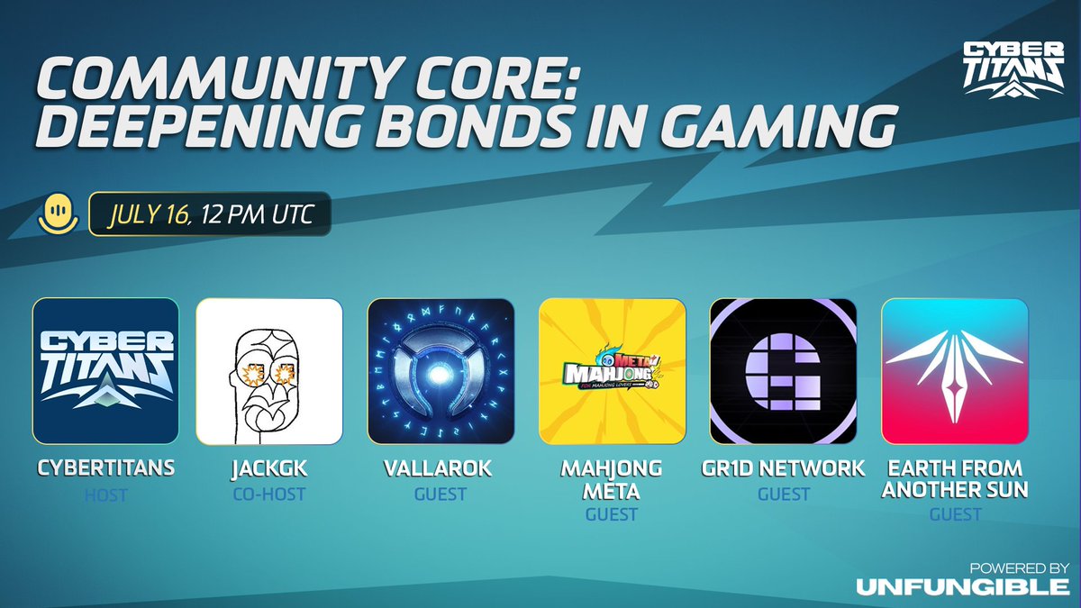CyberTitansGame's tweet photo. Community Core: Deepening Bonds in Gaming

Don’t miss out on our discussion this Tuesday!

⏰ July 16th, 12PM UTC

Set your reminders below 👇 https://t.co/eEzScDbkWS