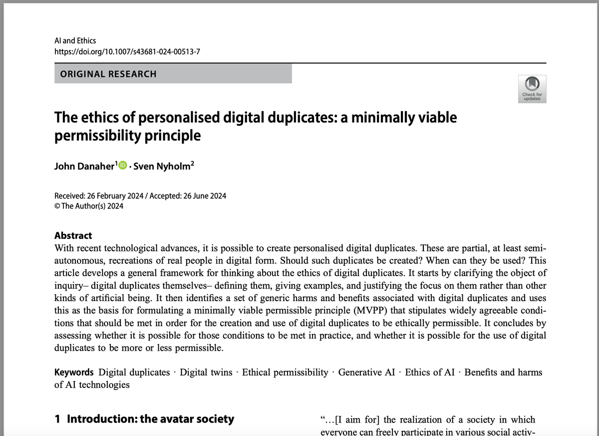 New paper by <a href="/JohnDanaher/">John Danaher</a> and me: 
"The ethics of personalised digital duplicates: a minimally viable permissibility principle". 
In open access here: link.springer.com/article/10.100… #aiethics