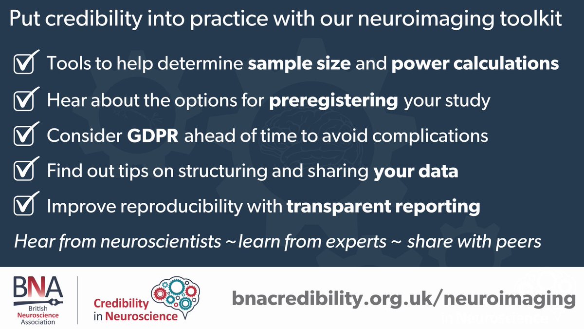 Our Credibility toolkits provide practical pointers to how you can increase credibility in neuroscience. 

We've added a new toolkit on neuroimaging research bringing together materials on a number of aspects that can impact credibility.

View our toolkit: bnacredibility.org.uk/neuroimaging