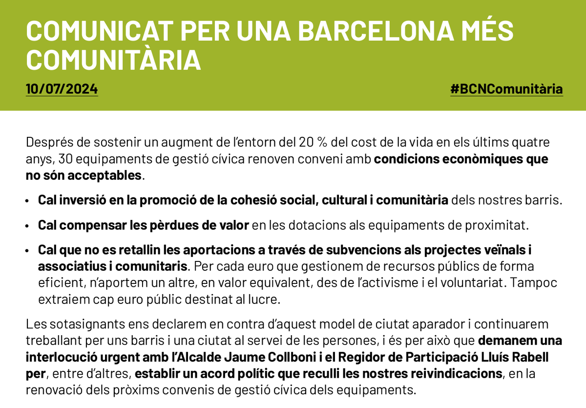 📢 COMUNICAT PER UNA BARCELONA MÉS
COMUNITÀRIA #BCNComunitària Comunicat conjunt de la Plataforma d Gestió Ciutadana, el Consell <a href="/associacionsbcn/">CAB</a>, la <a href="/FAVBcn/">Favb</a>, la <a href="/XES_cat/">Xarxa d'Economia Solidària de Catalunya</a> d Barcelona i la Federació d <a href="/CasalsDeJoves/">Casals de Joves</a> d
Catalunya: cal enfortir la col·laboració pública-comunitària ‼️