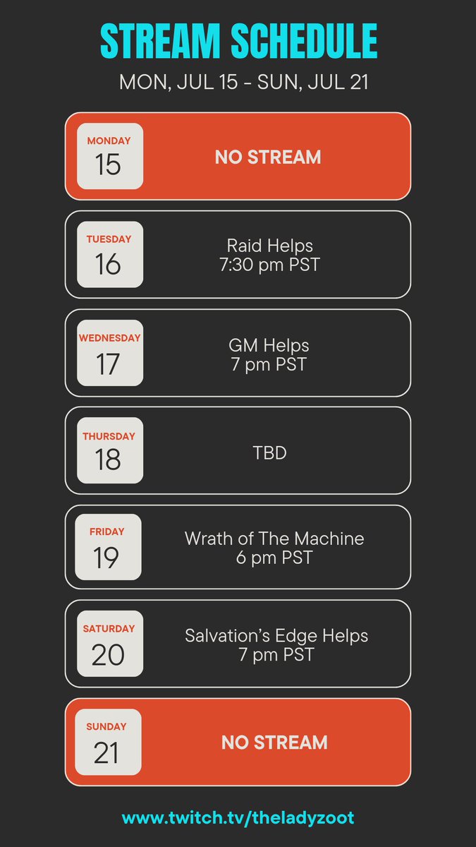 New schedule for the week! Cone by for Helps, or just to hang out ^_^