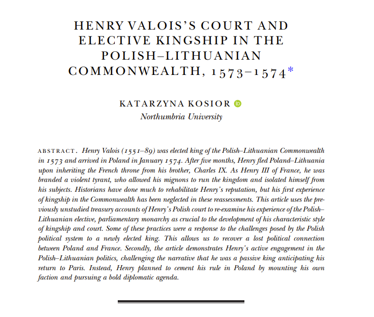 HistoricalJnl's tweet photo. 📣From our new 'Elections' collection!

Katarzyna Kosior (@katkosior) (@NorthumbriaHist) on 'Henry Valois’ Court and Elective Kingship in the Polish-Lithuanian Commonwealth, 1573-1574'

#Poland #Lithuania #Royalty #Commonwealth #France

Read OA here: https://t.co/p7D4syeEhe https://t.co/QXjcqoSOO6