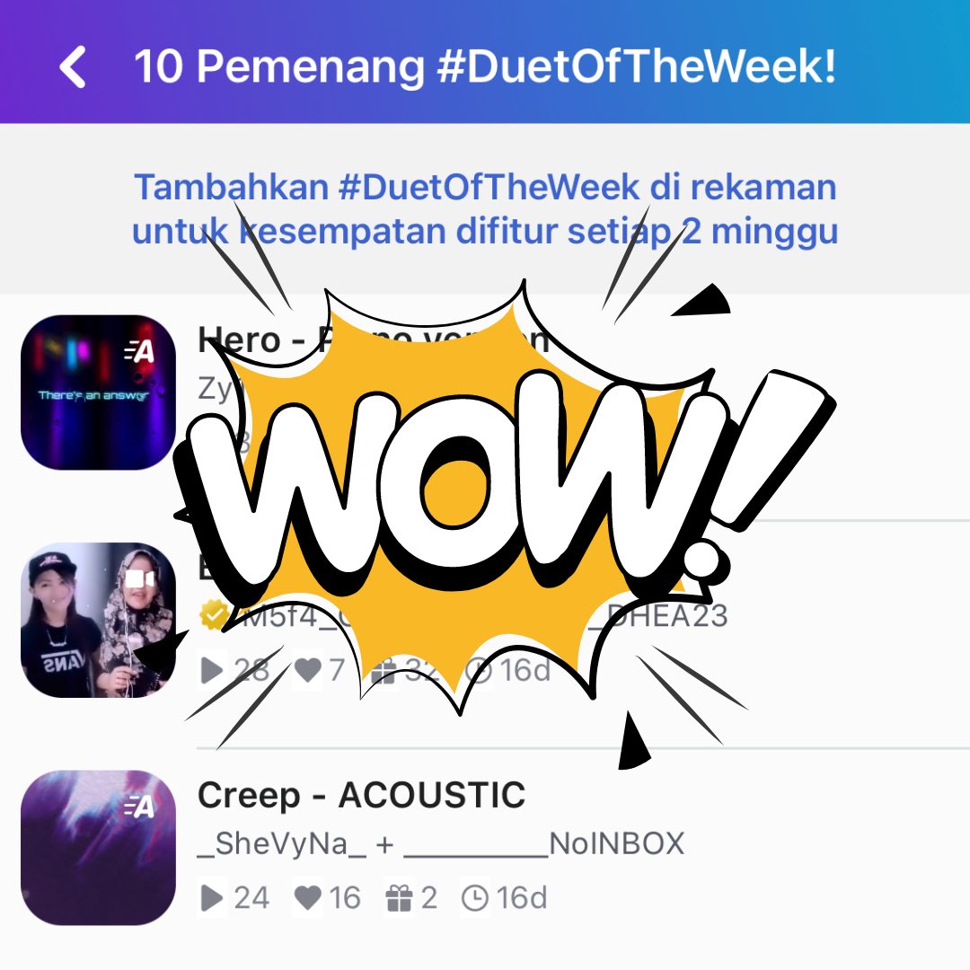OfficialSmuleID's tweet photo. Selamat utk 10 PEMENANG #DuetOfTheWeek Smule Indonesia! 👏🏆 Klik di sini utk melihat semua Pemenang: https://t.co/3HnwiGW6ML , atau lihat di halaman Jelajah di Smule.

Mau jadi pemenang #DuetoftheWeek Indonesia? Pelajari caranya di sini: https://t.co/ZEYrt99bAT

#SmuleID #Smule https://t.co/dYOBp5mMjY