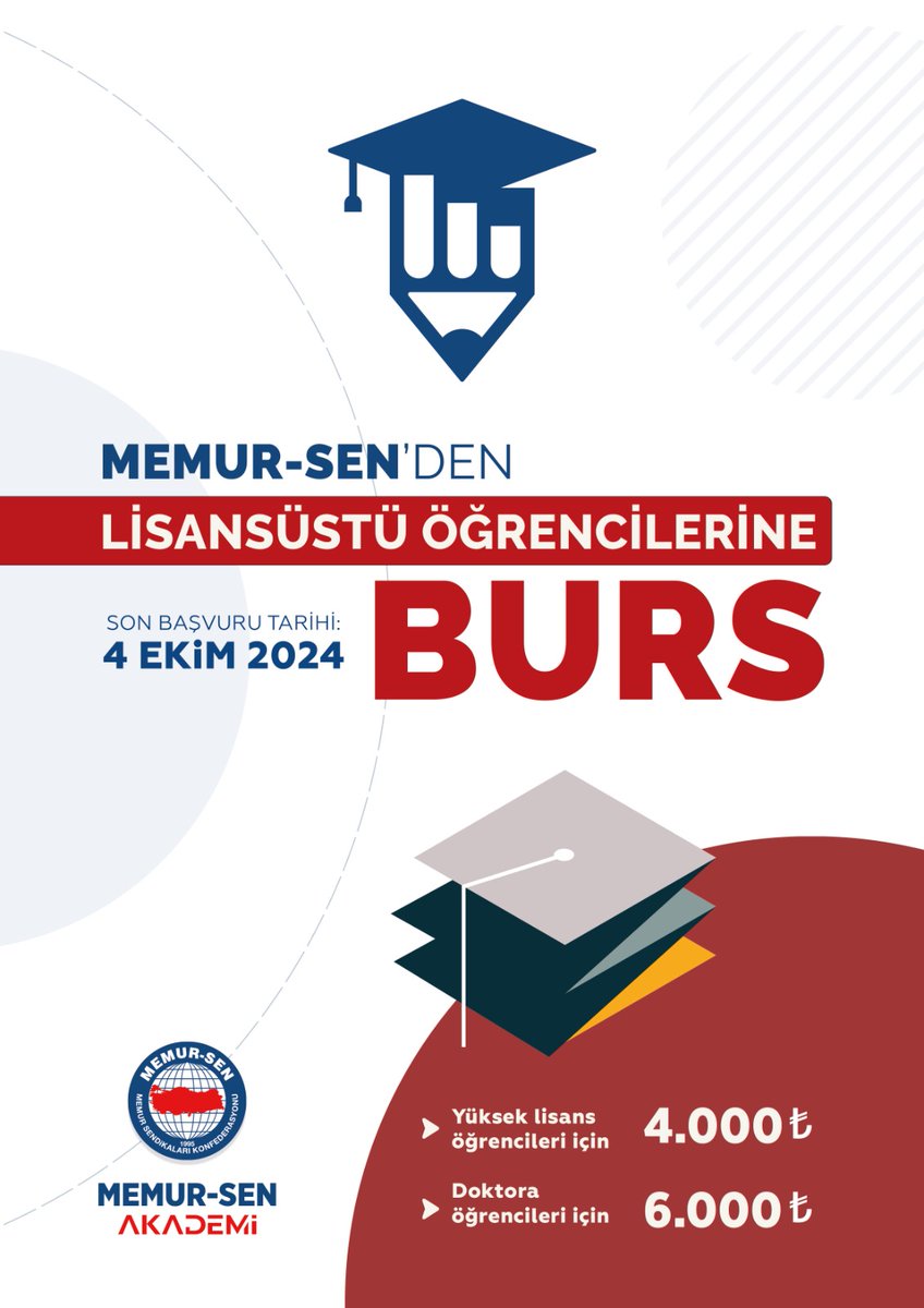 📣 Memur-Sen’den Lisansüstü Öğrencilerine Burs

🎓 Sendikal alana ilişkin bilimsel / akademik çalışmaları desteklemek, akademi-sendika işbirliğini geliştirmek ve tecrübeyle kuramı buluşturmak amacıyla yurtiçi yükseköğretim kurumlarında öğrenim gören başarılı lisansüstü