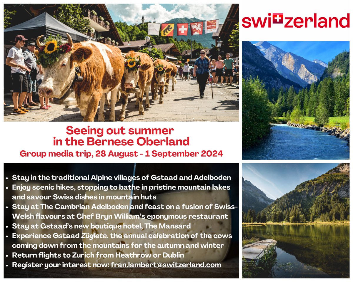 GROUP MEDIA TRIP | A space has just opened up on the below group media trip on 28 Aug-1 Sept to Adelboden &amp; Gstaad in the Bernese Oberland🇨🇭UK-based journalists who are keen hikers please as this trip features 2 mountain hikes🙂Email me if interested: fran.lambert@switzerland.com