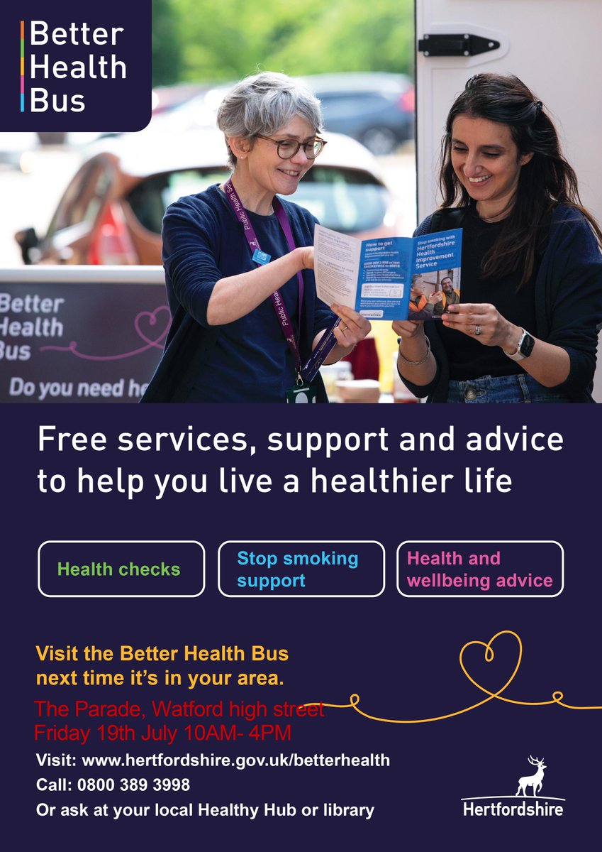 CvsW3rt's tweet photo. Better Health Bus 

Friday, 19 July between 10am - 4pm on The Parade (WD17 1BD)  

Get help with:
- Free NHS Health Checks
- Wellbeing assessments 
- Quit smoking support  

No appointment needed!  

Details: https://t.co/NdzbZgz78N

#W3RTCVS #Watford https://t.co/R7vXc80LAO