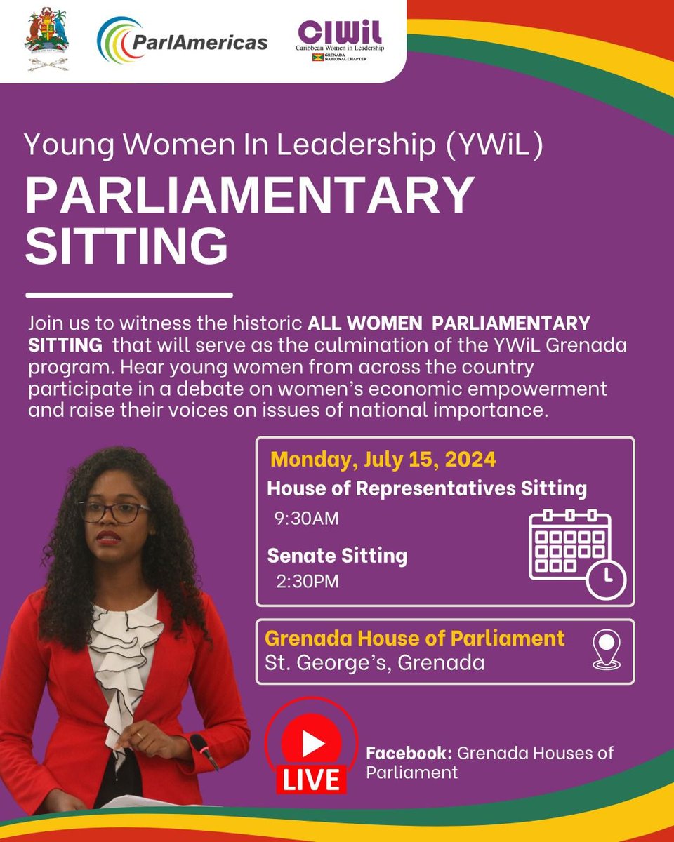On Monday, young women leaders from across Grenada 🇬🇩 will take part in a historic, all women parliamentary debate in the Houses of Parliament of Grenada to raise their voices on women’s economic empowerment and other issues of national concern. Join us live! Tune in on Facebook.