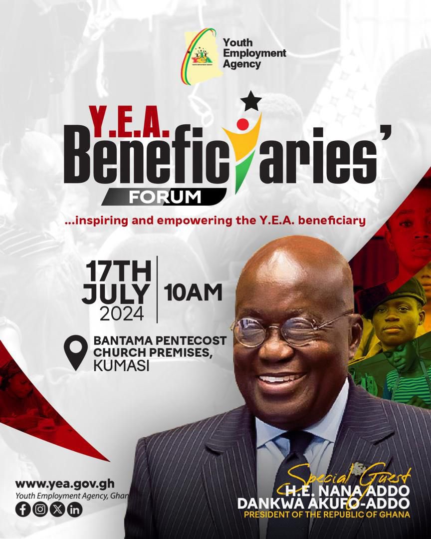 AsareRexford7's tweet photo. AGENDA FOR JOBS

On Wednesday, 17th July 2024
President Nana Addo Dankwa Akufo-Addo will be with the Youth Employment Agency in Kumasi, Bantama Church of Pentecost, to interact with the Agency's beneficiaries in the Ashanti Region

#Agendaforjobs 
#Youthimpact 
#Boldsolutions https://t.co/mQQik3Pzyk