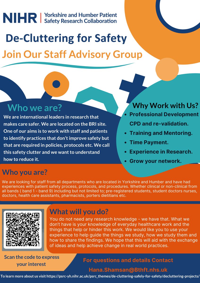 ✨The Yorkshire + Humber Patient Safety Research Collaboration 'De-cluttering Safely for Safety' theme is recruiting healthcare staff to join an advisory group to help guide our research! If you're interested, please scan the QR code to find out more info!✨ <a href="/YHPSRC/">NIHR Yorkshire and Humber PSRC</a> <a href="/yqsrdotorg/">YQSR Group</a>