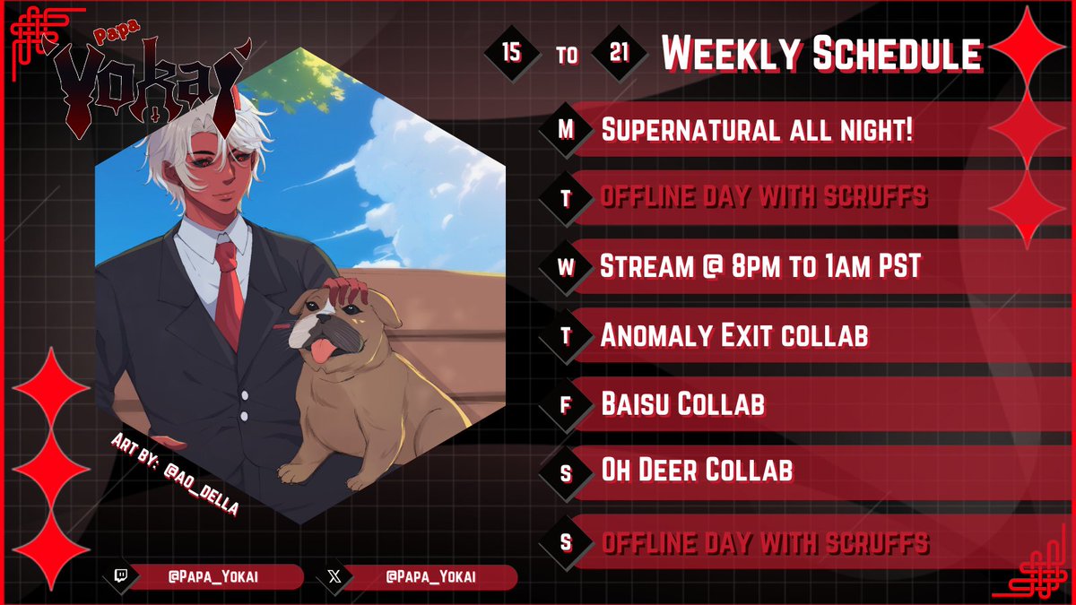 papa_yokai's tweet image. Weekly Schedule:  15-21

Monday  8pm PST
#supernatural (@HitoriDePro )
-Playing this all night !!

Collabs:

Thursday TBD
Game:  #AnomalyExit (@examlguy )
Friends:@MiraxMana @Quinnism_VT 

Friday 8pm PST
Game:  #Baisu (@Triple_Ducks )
Friends:  @haruutoki

Saturday 6pm PST
Game:…