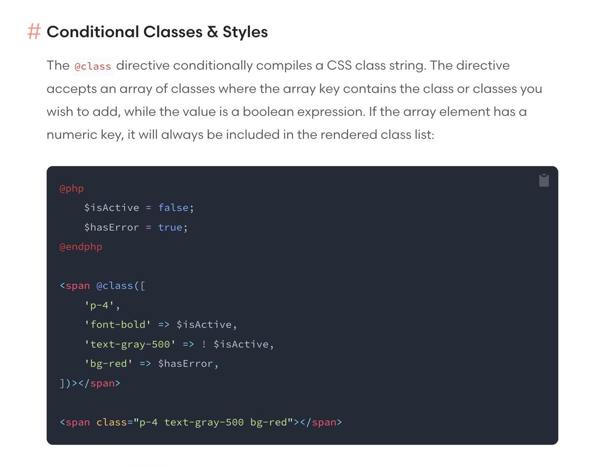 PovilasKorop's tweet image. Laravel tip from the docs.
Did you know about Blade directives Class and Style to avoid if-else conditions for CSS classes?
laravel.com/docs/11.x/blad…
#readLaravelDocs