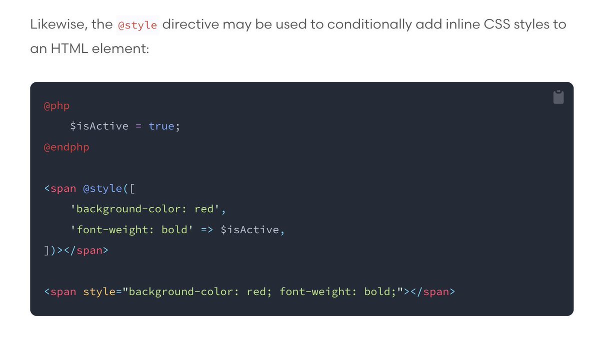 PovilasKorop's tweet image. Laravel tip from the docs.
Did you know about Blade directives Class and Style to avoid if-else conditions for CSS classes?
laravel.com/docs/11.x/blad…
#readLaravelDocs