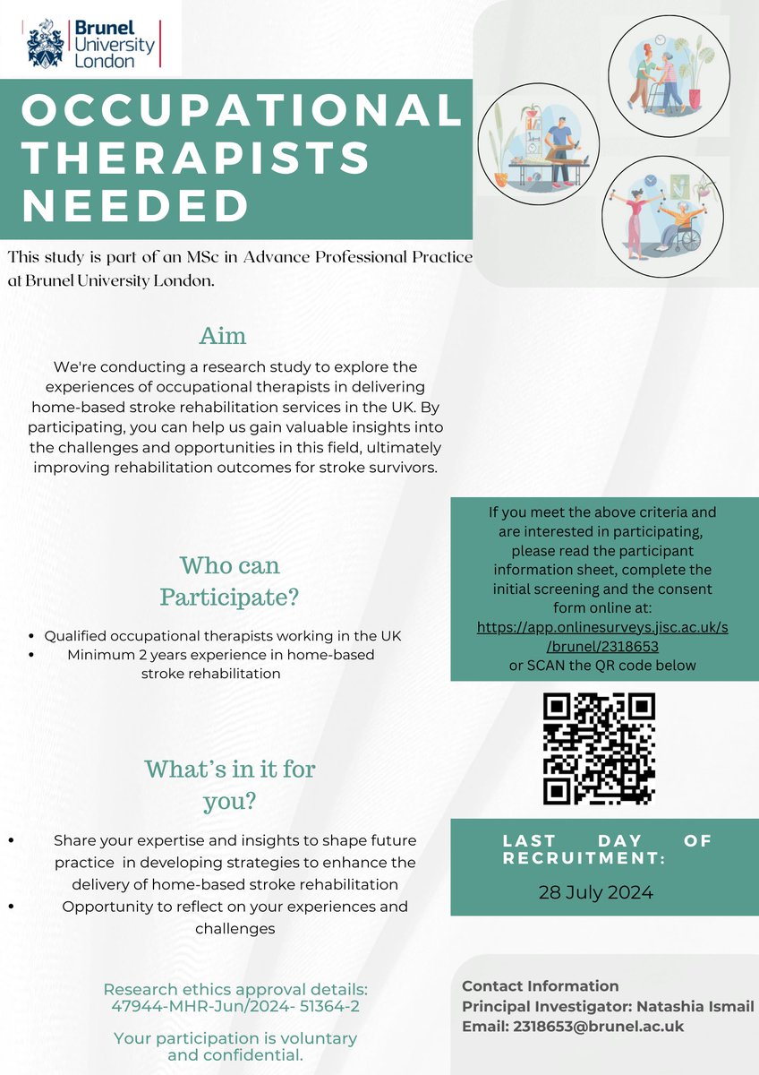 Attention #OccupationalTherapists! I'm still looking for participants for my research study. The deadline has been extended to July 28th. Please do email me (2318653@brunel.ac.uk) for more info. 🙏 #Research 
<a href="/RCOT_NP/">RCOT Neuro Practice</a> <a href="/theRCOT/">Royal College of Occupational Therapists</a>