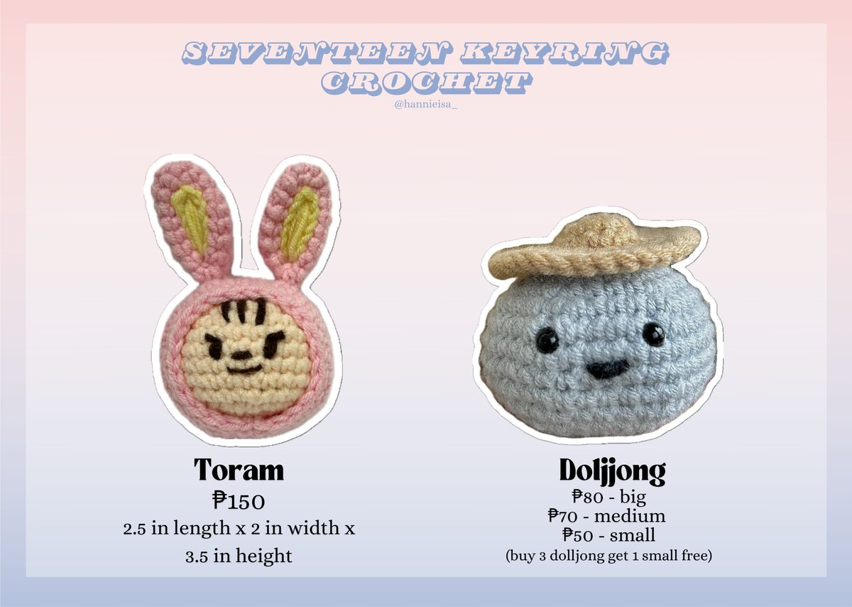 wts lfb ph

Seventeen keychain crochet!🧶

₱80 + pf &amp; sf

•payo | 3days dop
•mop: gcash/bdo
•mod: j&amp;t 
•3-5 days prod
•buy whole set for only ₱1,000!
•reply “mine” or DM to order💌

#wtshannieisa