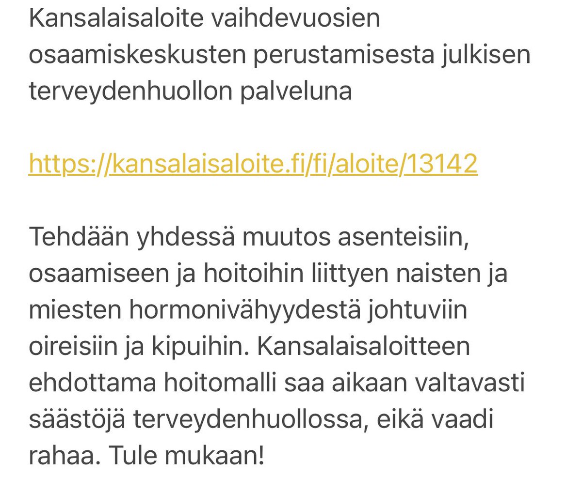 PauliinaMakela's tweet photo. Vaihdevuosioireiden hoitaminen on Suomessa epätasa-arvoista sekä naisilla että miehillä. 22,2 tuhatta on jo allekirjoittanut, tee sinäkin iso terveysteko: https://t.co/t7TtuWKB0X https://t.co/JaMNXwCYXJ