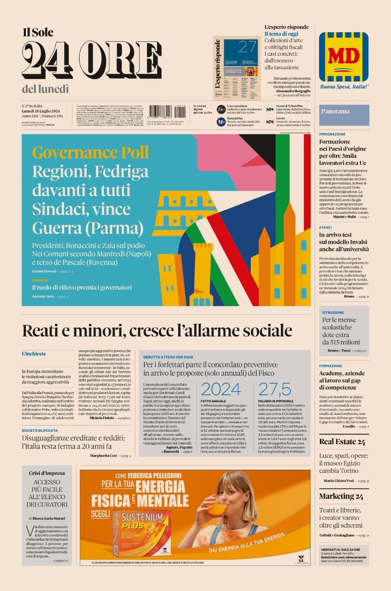 franser_real's tweet photo. 📰 LA PRIMA PAGINA DE IL SOLE 24 ORE DEL LUNEDÌ 

#reati e #minori, cresce l'allarme sociale. #GovernancePoll: Regioni, Fedriga davanti a tutti; tra i sindaci vince Guerra (Parma). In arrivo test sul modello #Invalsi anche all'università.
➡️[https://t.co/IV1kzd1ktZ] #IlSole24Ore #edicola #primapagina #rassegnastampa #15luglio