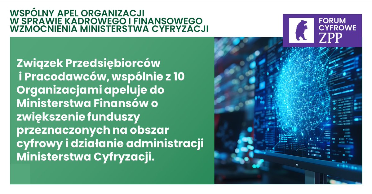 ZPP (@zppnetpl) on Twitter photo 📣 ❗️Wspólnie z 10 organizacjami przygotowaliśmy apel w sprawie kadrowego i finansowego wzmocnienia Ministerstwa Cyfryzacji (<a href="/CYFRA_GOV_PL/">Ministerstwo Cyfryzacji</a>).
Ministerstwo Cyfryzacji realizuje kluczowe działania, które mają przyspieszyć i uefektywnić proces cyfryzacji Polski - w tym także budowę 📣 ❗️Wspólnie z 10 organizacjami przygotowaliśmy apel w sprawie kadrowego i finansowego wzmocnienia Ministerstwa Cyfryzacji (<a href="/CYFRA_GOV_PL/">Ministerstwo Cyfryzacji</a>).
Ministerstwo Cyfryzacji realizuje kluczowe działania, które mają przyspieszyć i uefektywnić proces cyfryzacji Polski - w tym także budowę